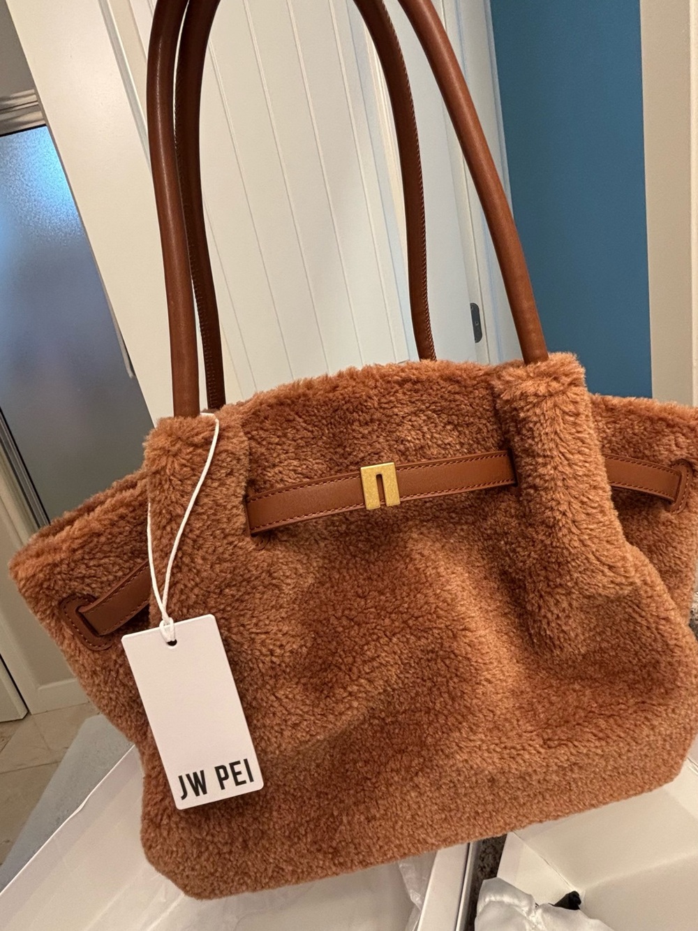 JW PEI Cognac Faux Shearling Tote with Leather-Style Handles